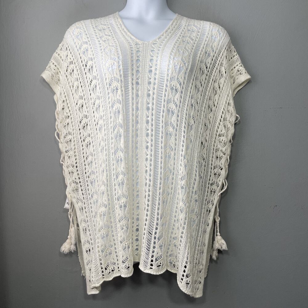 Cupshe Crochet Cover Up One Size Cream Lace Up Open Knit Sweater Poncho Boho